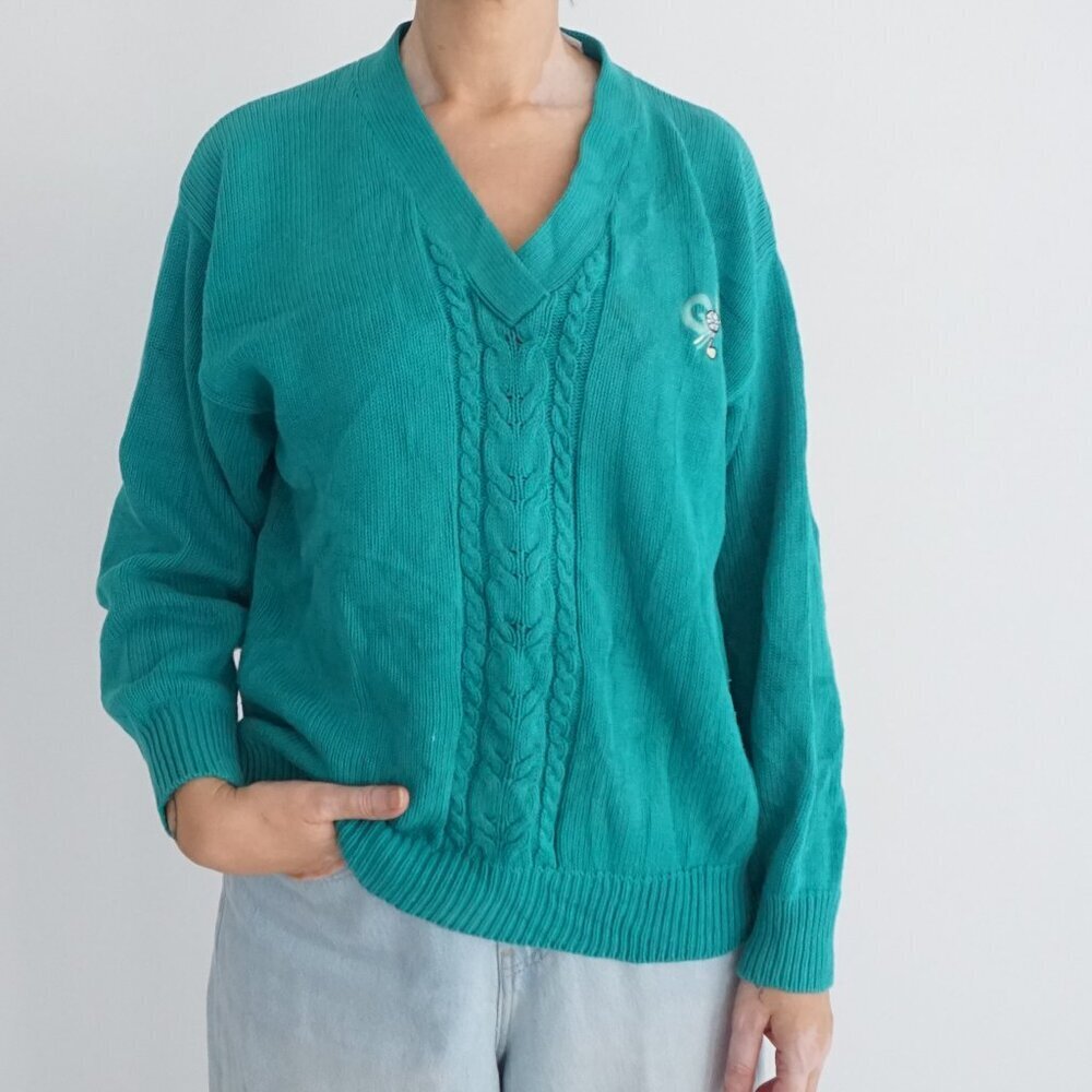 Vintage Slazenger Teal Golf Embroidered Cable Knit V Neck Cotton Sweater L